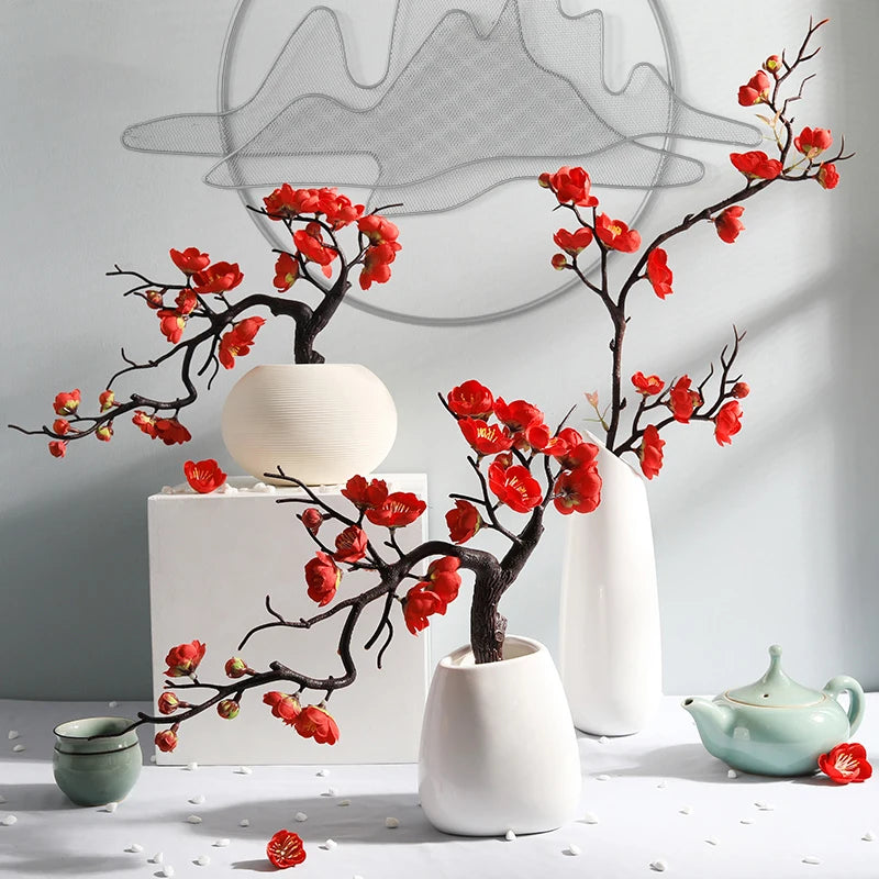 Cherry Red Plum Blossom Silk Artificial Flowers - Thekozyhome
