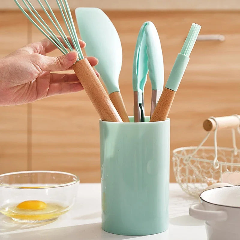 Silicone Cooking Utensils Set Wooden Handle - Thekozyhome