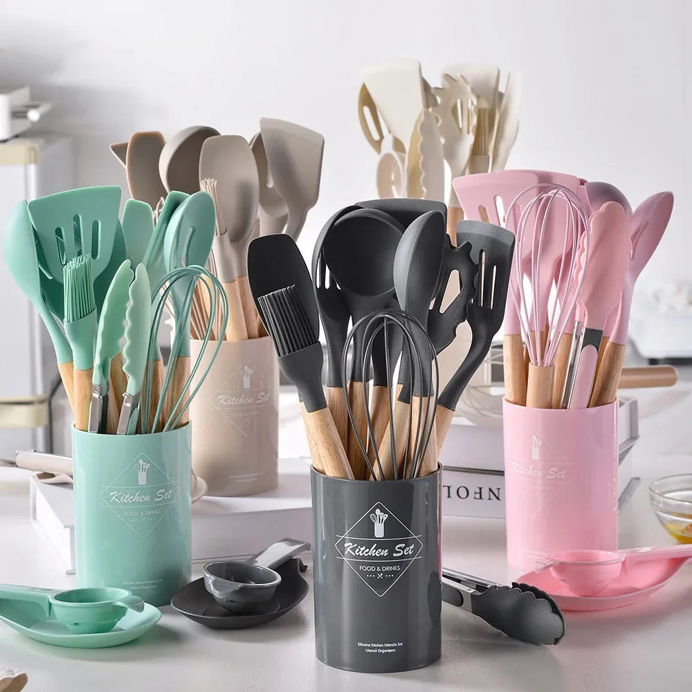 Silicone Cooking Utensils Set Wooden Handle - Thekozyhome